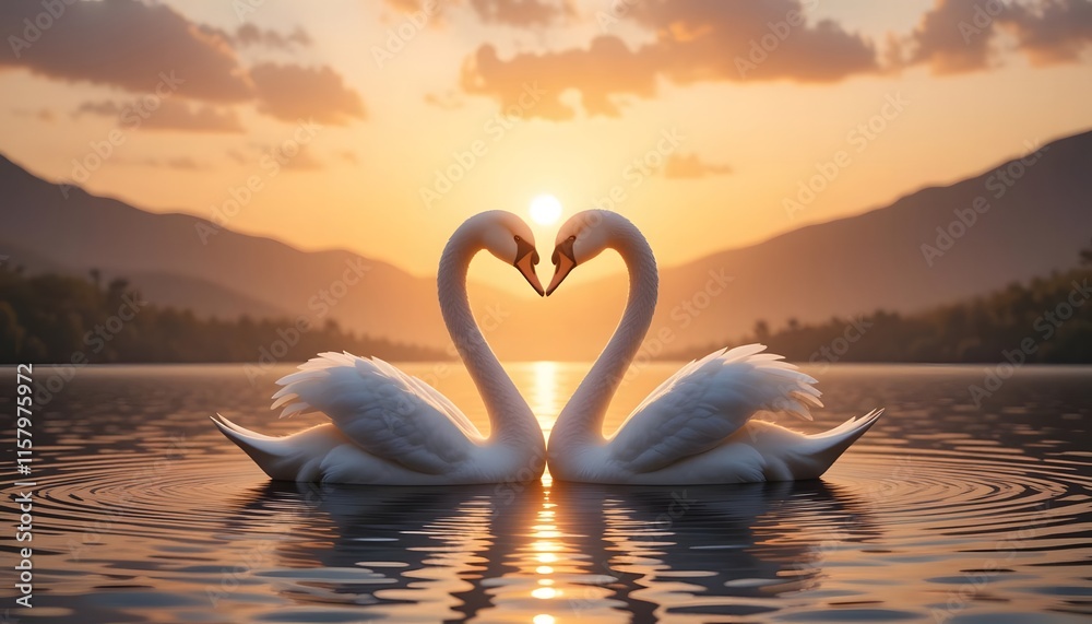 Fototapeta premium Swans on the lake at sunset with reflections and a beautiful landscape