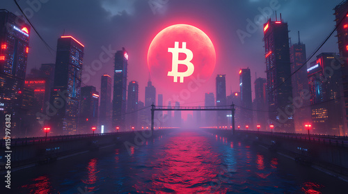 A futuristic cityscape where buildings are made of glowing blockchain circuits, with a giant Bitcoin symbol illuminating the skyline. The atmosphere is cyberpunk-inspired with neon colors photo