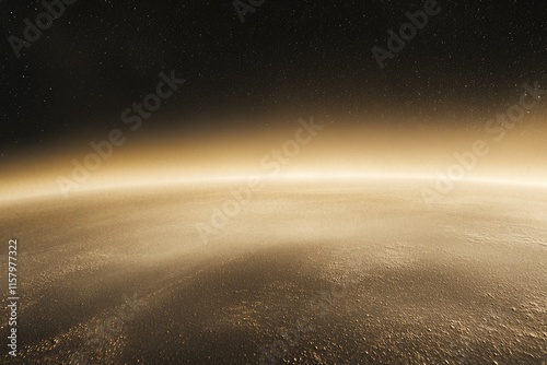 A hazy, golden landscape stretches to a dark, starry sky, evoking a sense of vast, alien space. photo