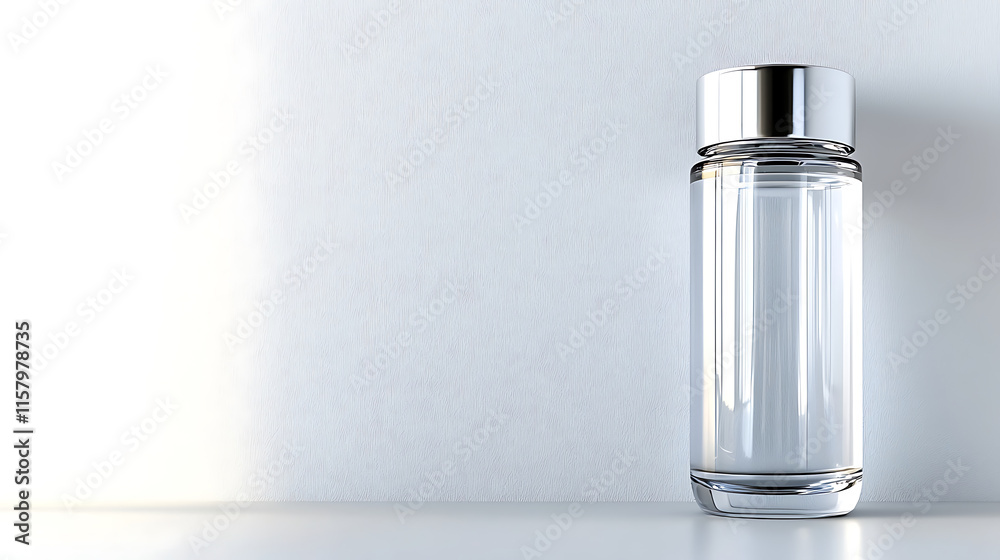 clear glass bottle with silver cap, elegantly placed on white surface, reflecting light beautifully clear glass bottle with silver cap, elegantly placed on white surface, reflecting light beautifully