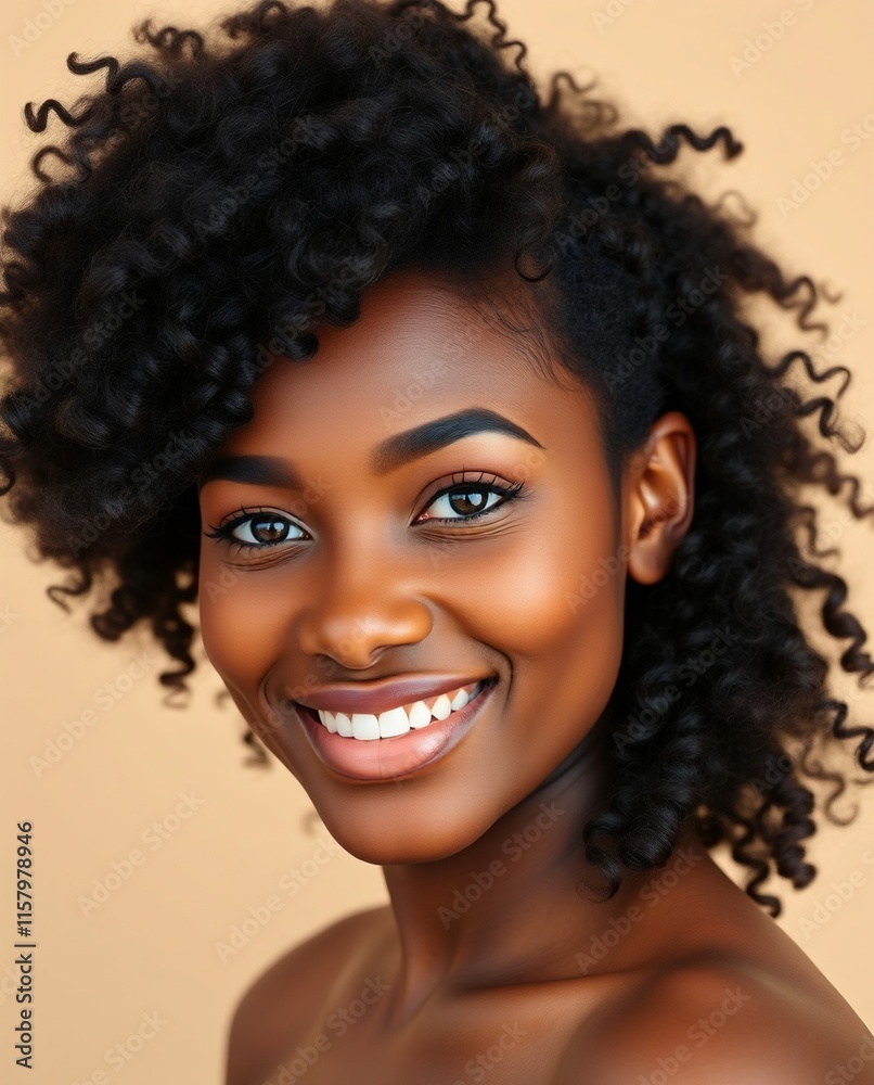 Portrait of a Smiling Young Woman with Curly Hair Against a Warm Background Portrait of a Smiling Young Woman with Curly Hair Against a Warm Background
