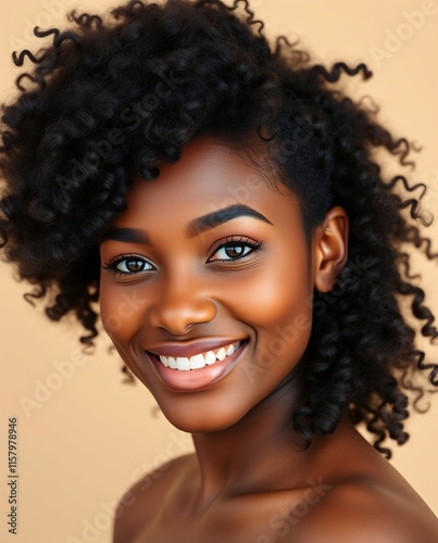 Portrait of a Smiling Young Woman with Curly Hair Against a Warm Background