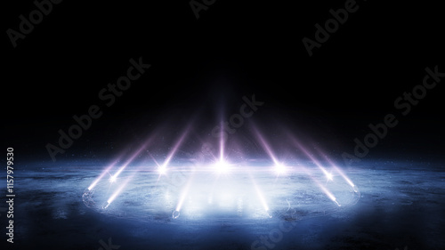 Sport background. Ice. Blue ice floor texture and mist. 3D rendering. Snow and ice background. 3D empty ice rink illuminated by spotlights. Scene Illumination