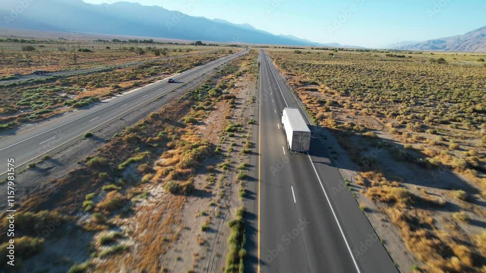 CALIFORNIA - 10.21.2024 - Very good aerial view of a truck driving up US Highway 395 in the Mojave Desert.