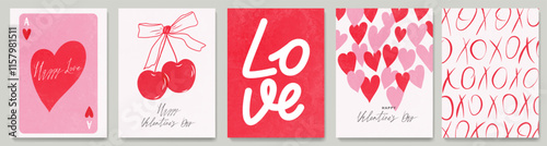 Set of Valentine's Day cards in a modern style. Festive greeting posters with hearts, cherries, text for invitations, social networks, print, packaging, cover, branding.