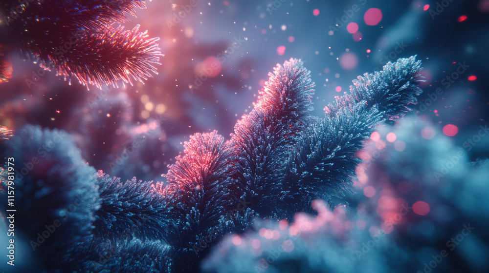 A detailed close-up of evergreen pine branches, coated in shimmering frost, under a moody cyan and magenta light scheme A detailed close-up of evergreen pine branches, coated in shimmering frost, under a moody cyan and magenta light scheme