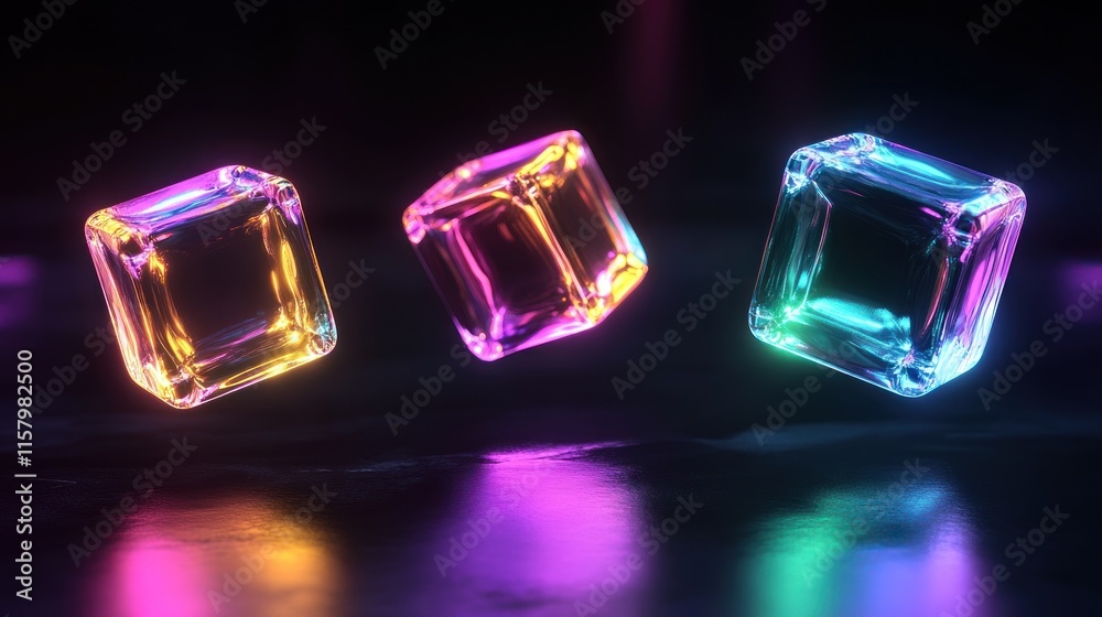Three vibrant neon cubes levitate, reflecting on a dark surface. Three vibrant neon cubes levitate, reflecting on a dark surface.