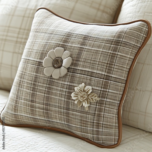 Beige Plaid Decorative Pillow Floral Appliques Brown Trim Rustic Style photo