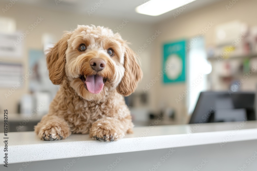 A cute, fluffy dog with a joyful expression poses on a clinic counter, exuding happiness and warmth, symbolizing the loving care pets receive at veterinary offices. A cute, fluffy dog with a joyful expression poses on a clinic counter, exuding happiness and warmth, symbolizing the loving care pets receive at veterinary offices.