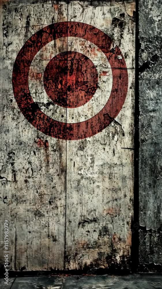 Weathered wall with bold red and white target design showcasing urban decay and artistic expression Weathered wall with bold red and white target design showcasing urban decay and artistic expression