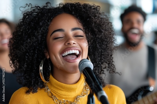 A joyful woman passionately singing at a microphone, surrounded by vibrant energy and cheerful faces, full of musical expression and lively performance. photo