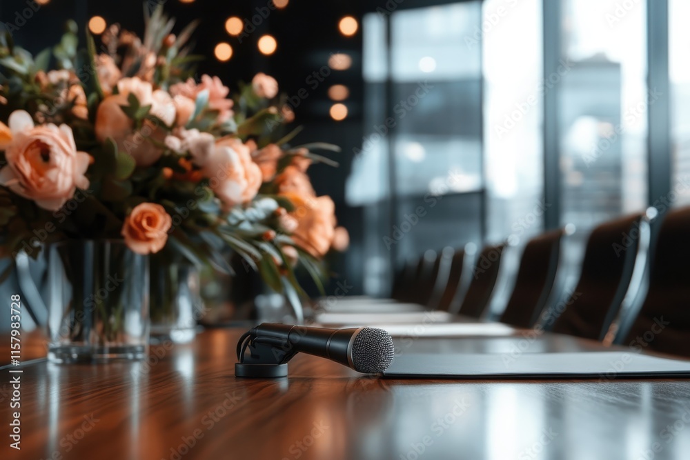 A modern meeting area elegantly decorated with a microphone and fresh floral arrangements, perfect for professional gatherings and business presentations. A modern meeting area elegantly decorated with a microphone and fresh floral arrangements, perfect for professional gatherings and business presentations.