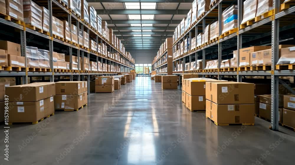 The spacious warehouse is immaculately organized, with rows of sturdy shelving units neatly stacked with cardboard boxes filled with various products The spacious warehouse is immaculately organized, with rows of sturdy shelving units neatly stacked with cardboard boxes filled with various products