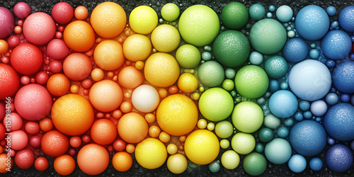 Rainbow Spheres, A Gradient of Colorful Bubbles Arranged in a Textured Pattern, Evoking Feelings of Joy and Wonder.