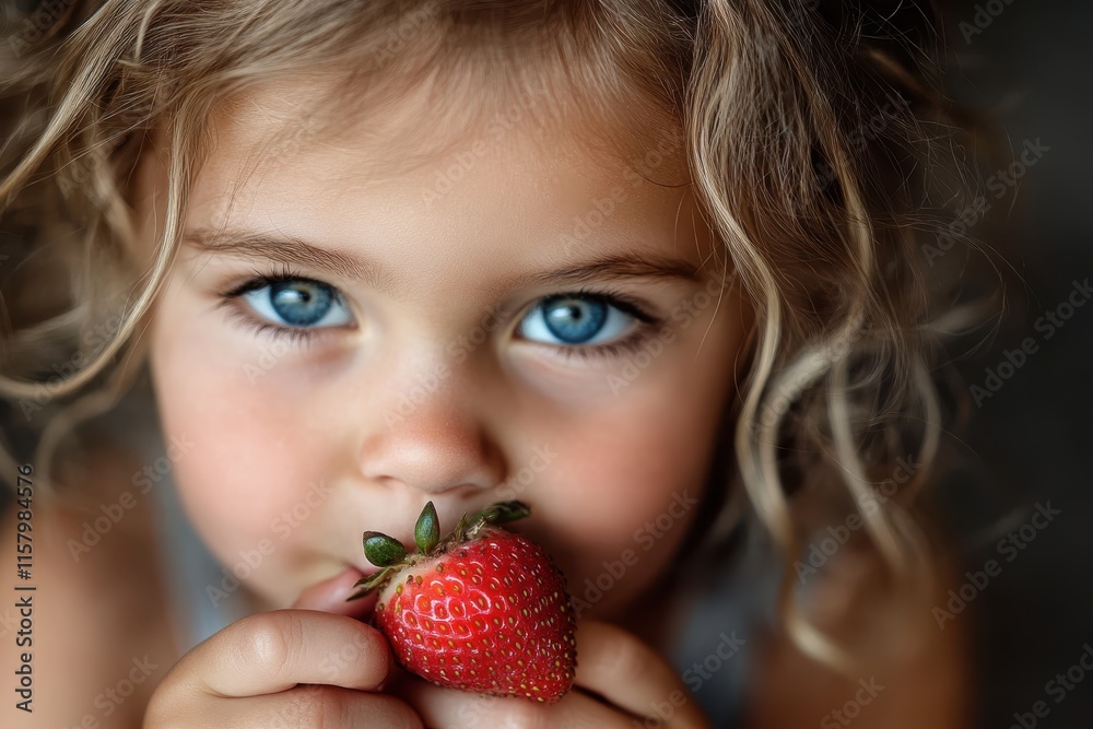A young girl holds a ripe strawberry close to her face, her blue eyes exuding curiosity and innocence, as she enjoys the sweet fruit in natural light. A young girl holds a ripe strawberry close to her face, her blue eyes exuding curiosity and innocence, as she enjoys the sweet fruit in natural light.