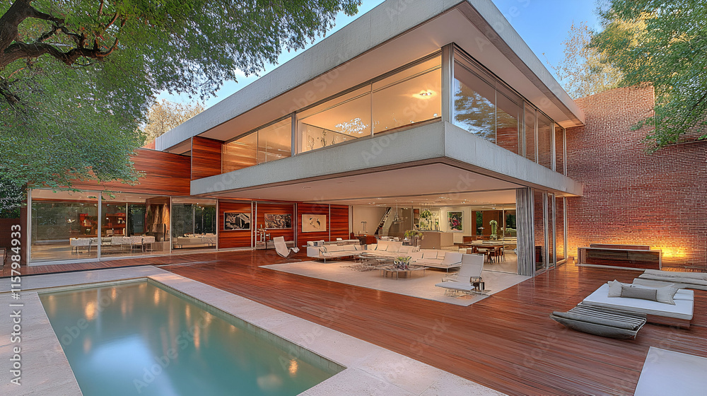 Fototapeta premium Modern House Design, Open-Plan Living with Pool & Deck