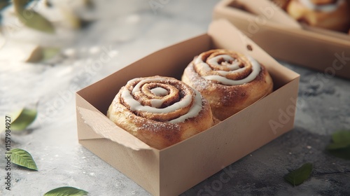 Two Delicious Cinnamon Rolls In A Brown Box photo