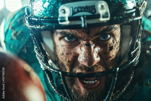 Close-up narrative of a mud-splattered football player prepared to overcome obstacles with determination, displaying rugged determination and symbolic struggle in sports. photo