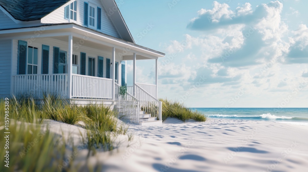 White beach house on sandy shore, sunny day. White beach house on sandy shore, sunny day.