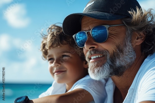A gray-haired man with sunglasses and a black hat enjoys a bright day at the beach with a young boy, capturing a moment of joy and connection under the azure sky.