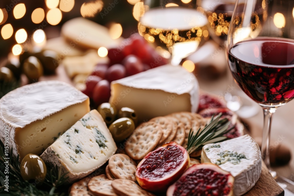 A gourmet cheese platter featuring blue cheese, brie, and sliced crackers, surrounded by fresh grapes and paired elegantly with glasses of rich red wine. A gourmet cheese platter featuring blue cheese, brie, and sliced crackers, surrounded by fresh grapes and paired elegantly with glasses of rich red wine.