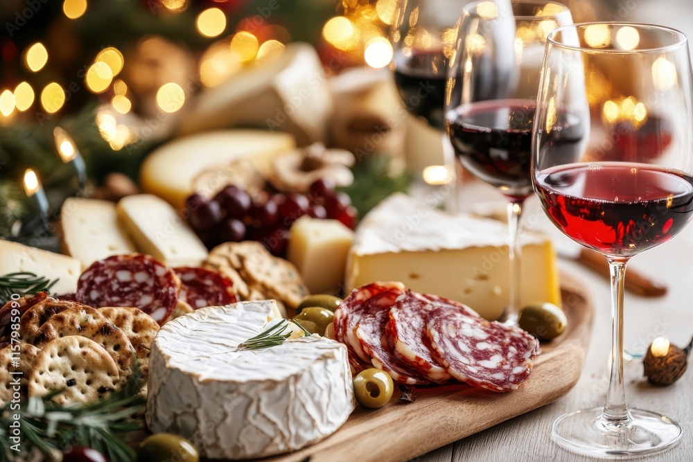 A rich cheese board featuring creamy brie, crunchy crackers, green olives, and savory salami, complemented by glasses of luscious red wine amidst sparkling lights. A rich cheese board featuring creamy brie, crunchy crackers, green olives, and savory salami, complemented by glasses of luscious red wine amidst sparkling lights.