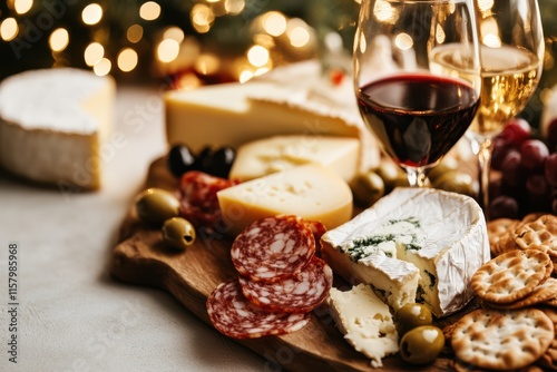 A selection of gourmet cheeses complemented by red and white wines, with a festive spread including olives and salami, perfect for a holiday gathering. photo