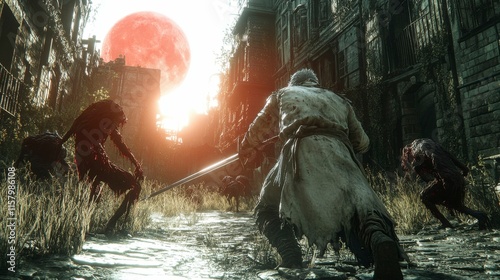 A knight surrounded by shadowy creatures, his sword gleaming as he fights valiantly under the ominous light of a blood-red moon in a cursed realm.