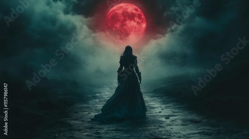 A steadfast knight facing shadowy horrors in a darkened land, illuminated by the haunting glow of a blood-red moon that casts an unsettling crimson hue.