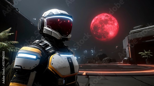 A steadfast knight facing shadowy horrors in a darkened land, illuminated by the haunting glow of a blood-red moon that casts an unsettling crimson hue.