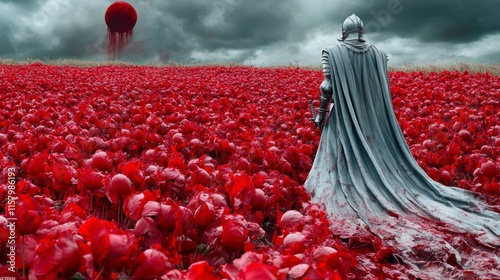 A steadfast knight facing shadowy horrors in a darkened land, illuminated by the haunting glow of a blood-red moon that casts an unsettling crimson hue.