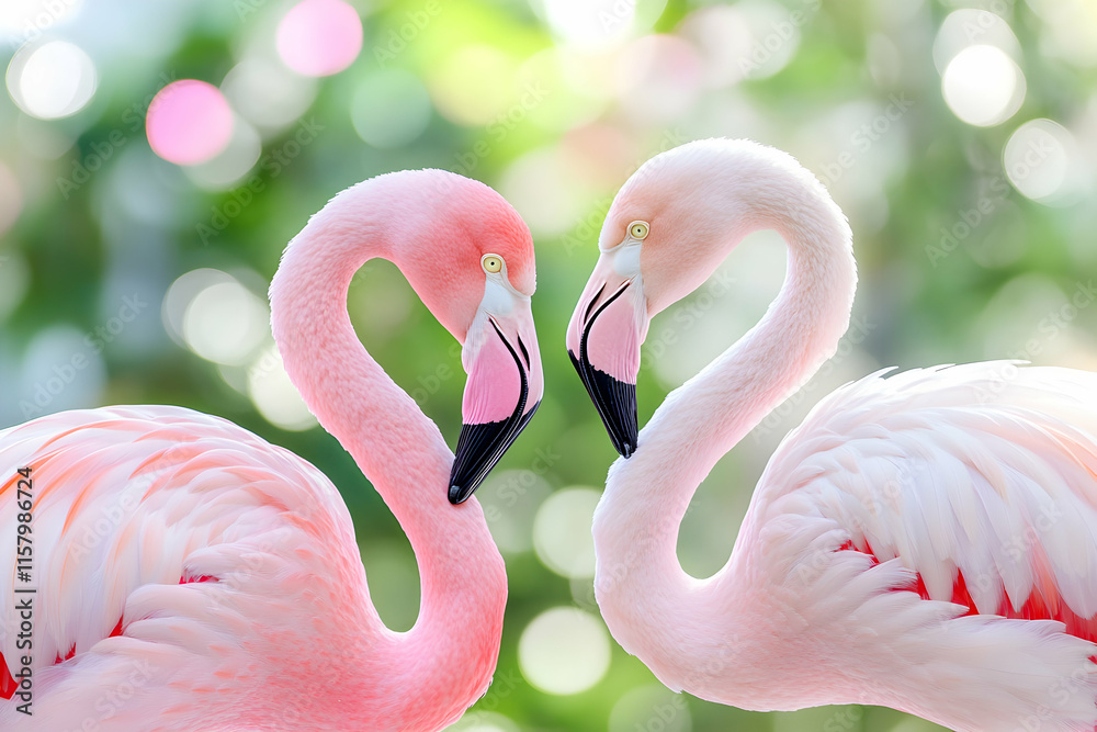 Naklejka premium Two Flamingos Neck-to-Neck, A Tender Moment in Nature's Embrace, Displaying Affection, Grace, and Beauty.