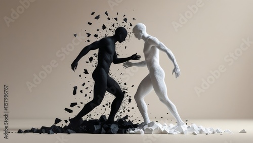 A transformation through black and white human figures on a neutral background 