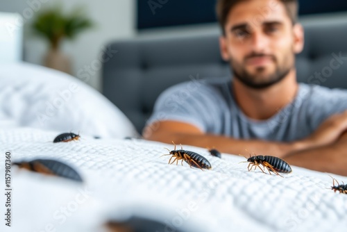 A man sits in distress observing bed bugs crawling on his bedspread, depicting concerns related to infestation and personal discomfort in a domestic setting. photo