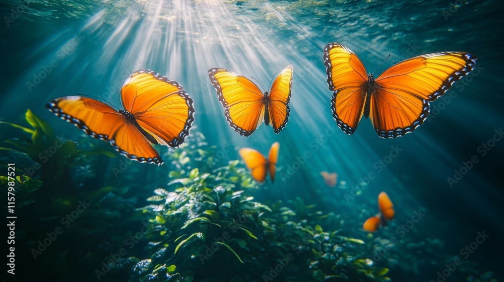 Fototapeta premium A lush, mystical jungle where giant butterflies flutter gracefully through bright rays of light, casting fleeting shadows over the vibrant plant life.