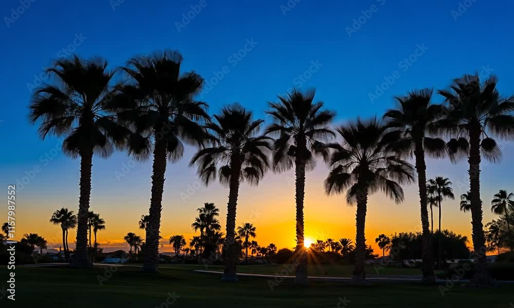 Sunset silhouette of palm trees against a vibrant sky. Sunset silhouette of palm trees against a vibrant sky.