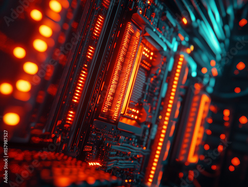 Close-up of a motherboard with glowing red circuits in a digital environment