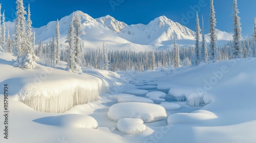 A picturesque winter wonderland where frozen trees sparkle in the chilly air, creating a serene, icy forest bathed in the beauty of winterâ€™s frost. photo