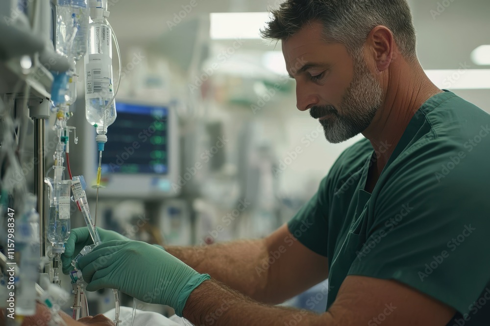 A healthcare worker in green scrubs attentively adjusts an intravenous drip in a hospital setting, showcasing dedicated medical care and attention to patient treatment. A healthcare worker in green scrubs attentively adjusts an intravenous drip in a hospital setting, showcasing dedicated medical care and attention to patient treatment.