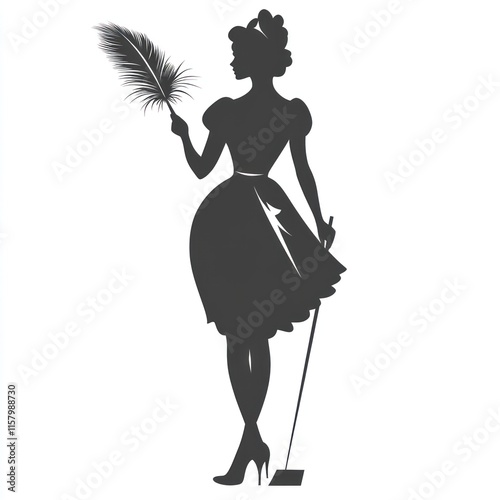 Silhouette of a maid holding a feather duster and dustpan.