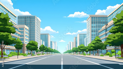 City Street View, Buildings, Trees, and Sky on Sunny Day