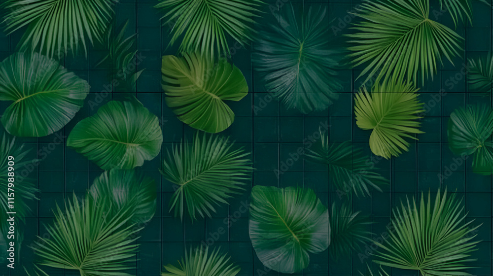 Lush Tropical Foliage Arranged on a Dark Teal Grid, Evoking Tranquil Serenity and Abundant Natural Beauty. Lush Tropical Foliage Arranged on a Dark Teal Grid, Evoking Tranquil Serenity and Abundant Natural Beauty.