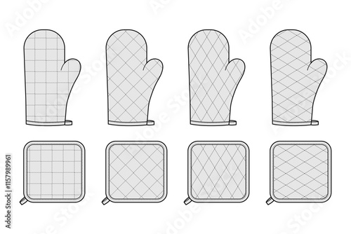Oven Gloves Mitt and potholder with diagonal windowpane quilted stitching Fashion hand accessory clothing technical illustration garment. Vector flat template CAD mockup sketch on white background