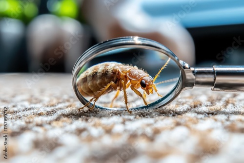 A magnified view of an insect under a magnifying glass on a textured carpet, emphasizing close detail for educational and documentation purposes in entomology studies. photo