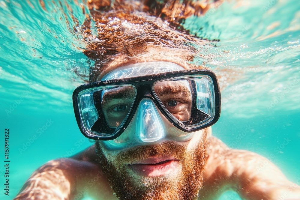 A bearded man wearing underwater goggles captures a joyful selfie while submerged in crystal-clear waters, embodying adventure and the beauty of aquatic life. A bearded man wearing underwater goggles captures a joyful selfie while submerged in crystal-clear waters, embodying adventure and the beauty of aquatic life.