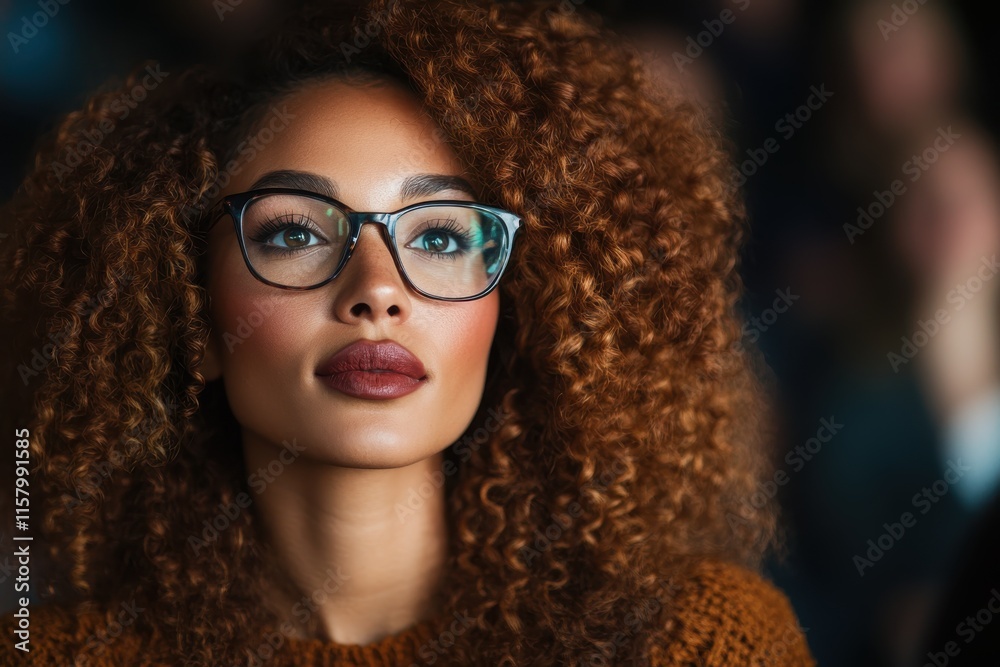 A portrait of a stylish woman with curly hair and eyeglasses, expressing a focused gaze in a soft-lit setting, showcasing elegance and confidence. A portrait of a stylish woman with curly hair and eyeglasses, expressing a focused gaze in a soft-lit setting, showcasing elegance and confidence.