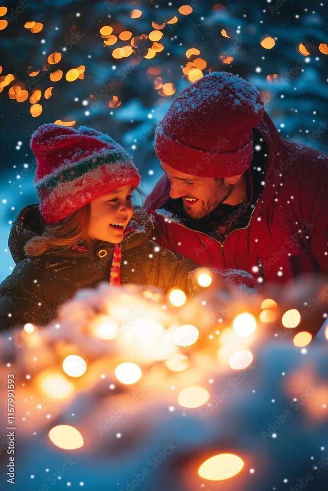 A father and daughter share a joyful moment, surrounded by holiday lights and snow. A father and daughter share a joyful moment, surrounded by holiday lights and snow.