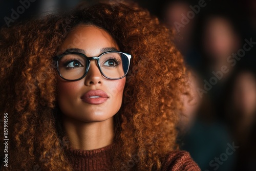 A woman with voluminous curly hair wearing glasses looks upward thoughtfully, set against a softly blurred background highlighting her expressive face. photo