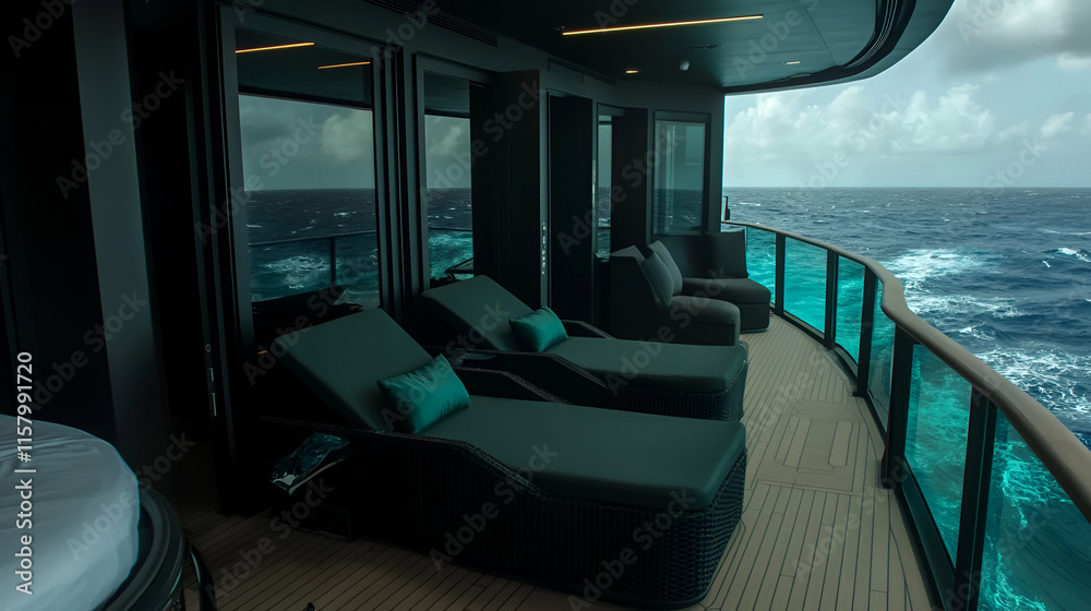 Fototapeta premium Luxury Yacht Deck, Tranquil Ocean Views, Relaxing Loungers, Serene Escape.