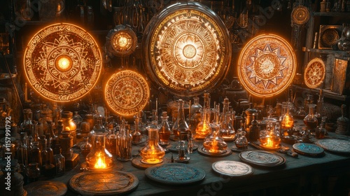 A mystical scene of a medieval alchemist in their glowing, cluttered lab, filled with alchemical instruments, bubbling liquids, and glowing runes illuminating the dark corners. photo